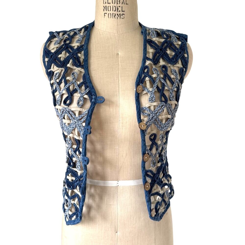 Keren Hart Vintage Woven Blue Denim Vest Size Medium 90s Boho Cotton